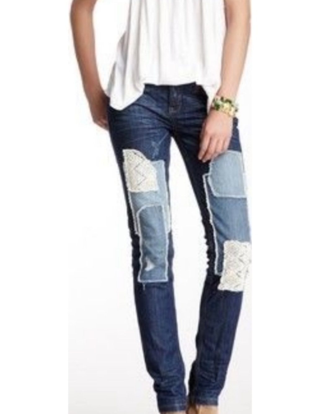 Free People jeans Dark Blue Patchwork Skinny Jeans with Lace embellishment 28